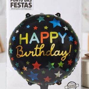 BALÃO METALIZADO HAPPY BIRTHDAY PRETO COM ESTRELAS 45CM